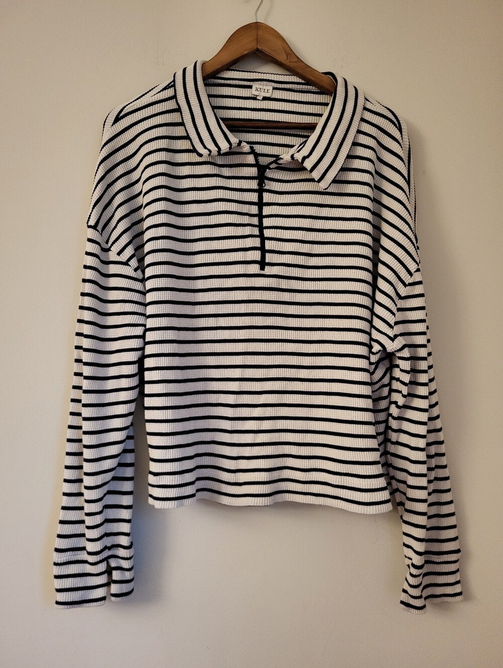 Kule Waffle Knit Collared Zipup Sweatshirt, Striped, XL